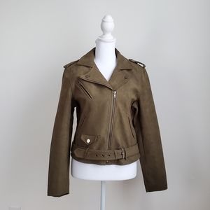 Olive Green Boohoo Faux Leather Moto Jacket
